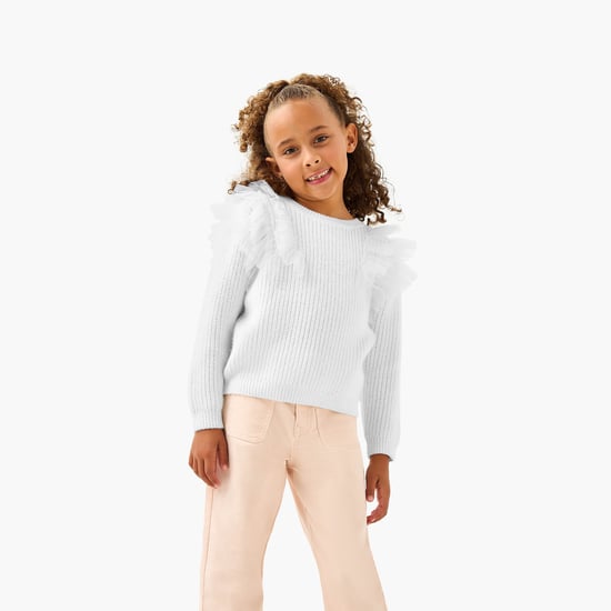 Juniors Textured Sweater with Long Sleeves and Tulle Detail