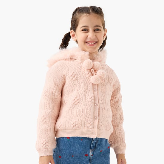 Juniors Textured Hooded Cardigan with Long Sleeves