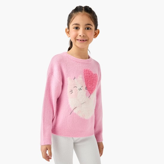 Juniors Cat Print Sweater with Long Sleeves