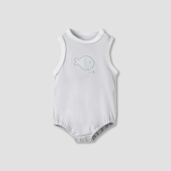 Giggles Fish Embroidered Sleeveless Bodysuit with Button Closure