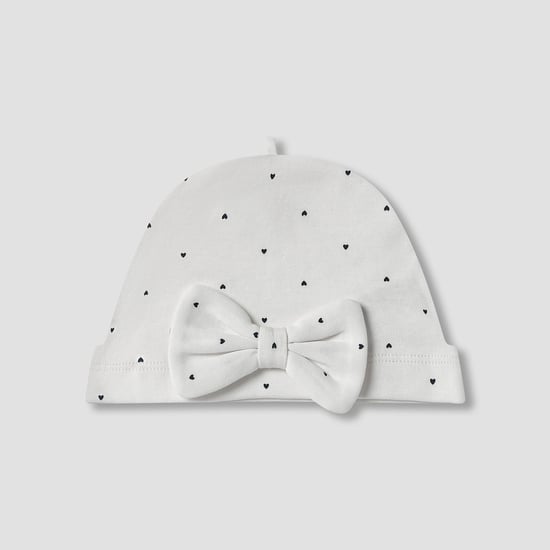 Juniors Heart Print Beanie with Bow Applique