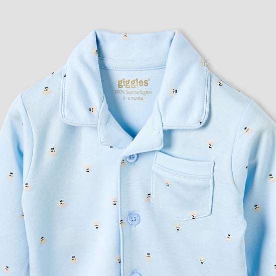 Giggles Bear Print Shirt and Pyjama Set with Pocket