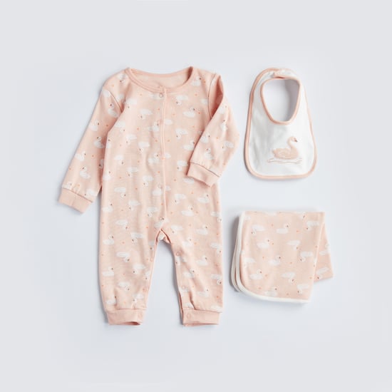 Juniors Swan Print Sleepsuit with Bib and Blanket