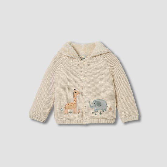 Juniors Animal Embroidered Hooded Cardigan with Long Sleeves