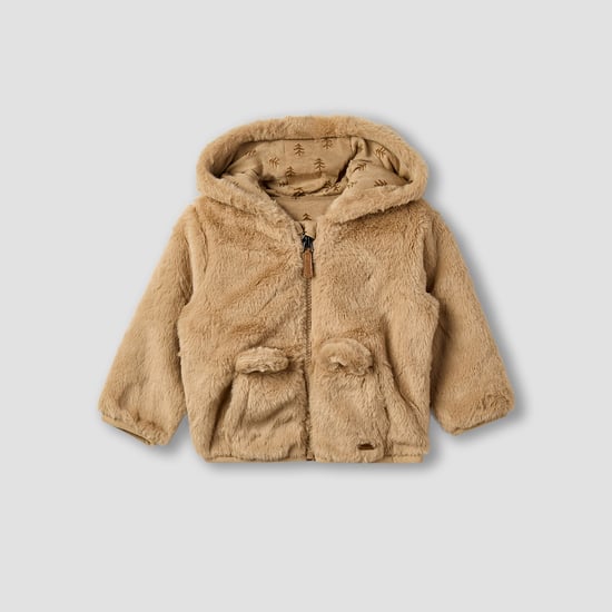 Giggles Faux Fur Textured Jacket with Hood and Long Sleeves