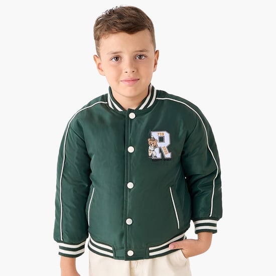 Juniors Teddy Applique Bomber Jacket with Button Closure