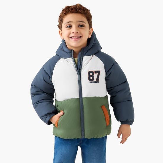 Juniors Colourblock Hooded Heavy Jacket with Zip Closure