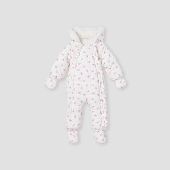 Juniors Bow Print Coverall with Hood and Ruffles