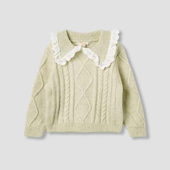 Juniors Cable Knit Sweater with Scalloped Trim Collar