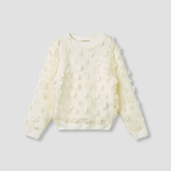 Juniors Floral Applique Ribbed Sweater with Long Sleeves