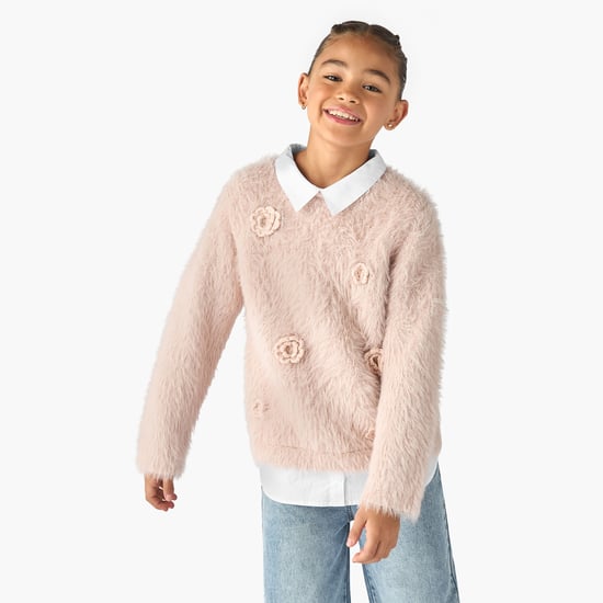 Juniors Floral Applique Faux Fur Sweater with Long Sleeves