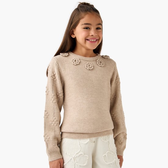 Juniors Floral Applique Pullover with Long Sleeves
