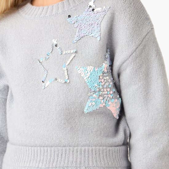 Juniors Girls Star Sequinned Sweater with Skirt and Stockings Set