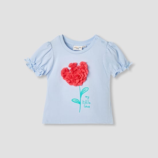 Juniors Floral Applique T-shirt with Puff Sleeves