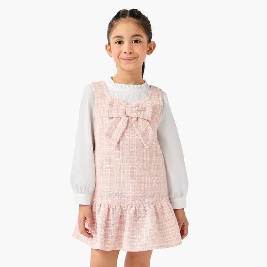 Juniors Tweed Pinafore Dress with Bow Applique