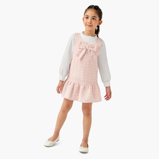 Juniors Tweed Pinafore Dress with Bow Applique