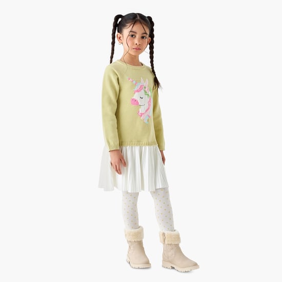 Juniors Unicorn Applique Sweater Dress with Polka Dot Tights