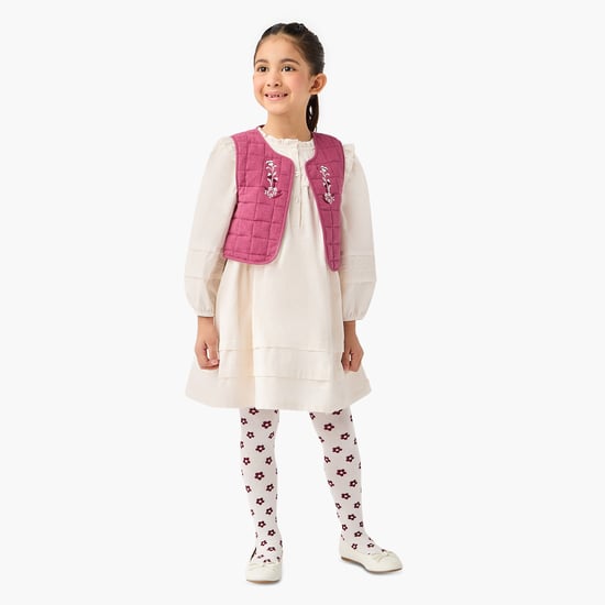 Juniors Ruffled Dress with Floral Embroidered Jacket and Tights