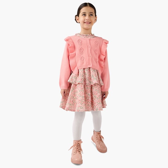 Juniors Floral Print Dress with Cardigan and Tights