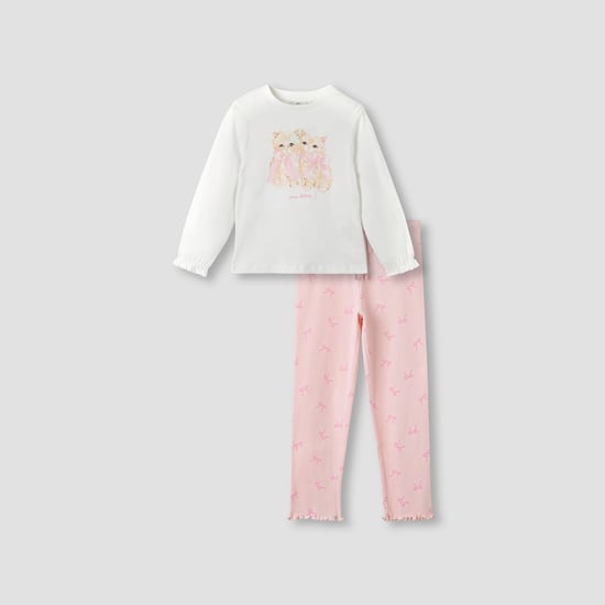 Juniors Cat Print T-shirt and Pyjama Set