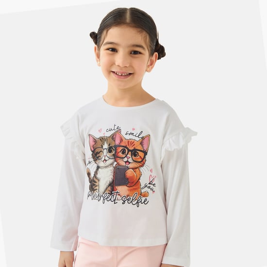 Juniors Cat Print T-shirt with Long Sleeves