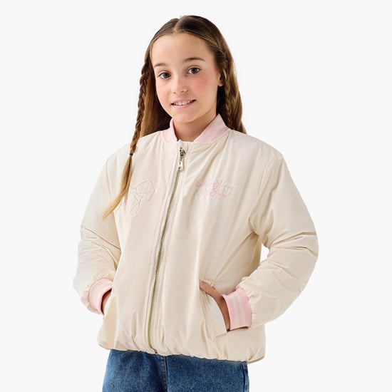 Juniors Embroidered Bomber Jacket with Zip Closure