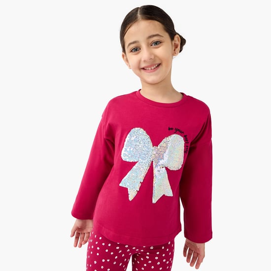 Juniors Embellished Bow T-shirt with Long Sleeves