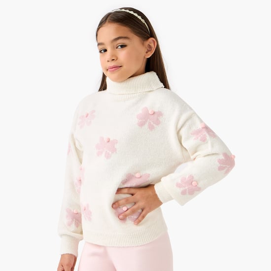 Juniors Floral Print Pullover with Turtleneck