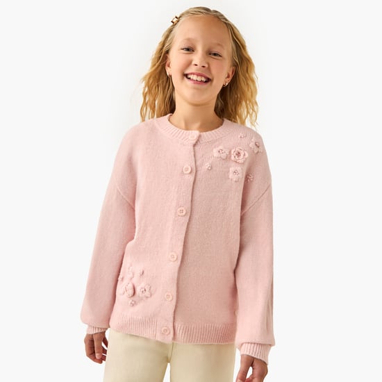 Juniors Floral Applique Neck Cardigan with Long Sleeves