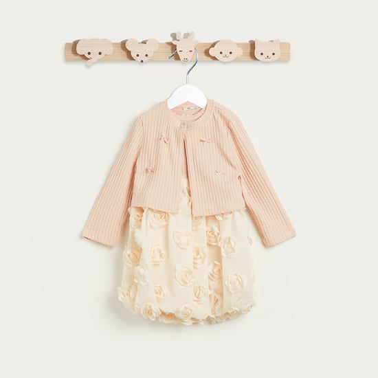 Juniors Floral Applique Dress with Cardigan