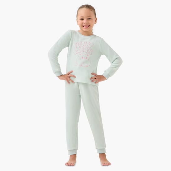 Juniors Cat Embroidered Fleece T-shirt and Pyjama Set