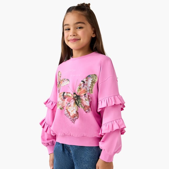 Juniors Butterfly Print Sweatshirt with Long Sleeves