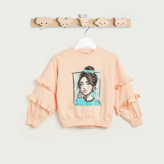 Juniors Graphic Print Sweatshirt with Ruffle Sleeves