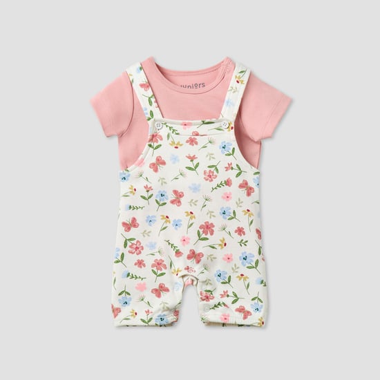 Juniors Floral Print Dungarees and T-shirt Set