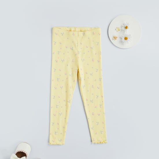 Juniors Floral Printed Ribbed Leggings with Elasticated Waistband