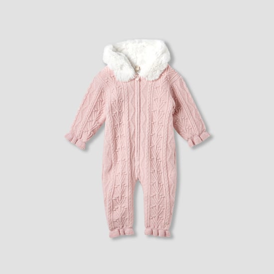Giggles Textured Hooded Romper with Long Sleeves