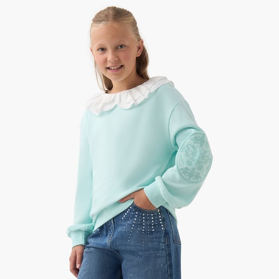 Juniors Embroidered Ruffled Collar Pullover with Long Sleeves