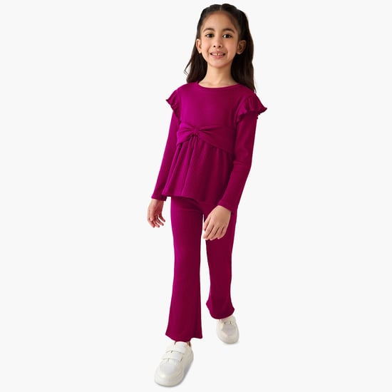 Juniors Ribbed Texture Top and Flared Pants Set