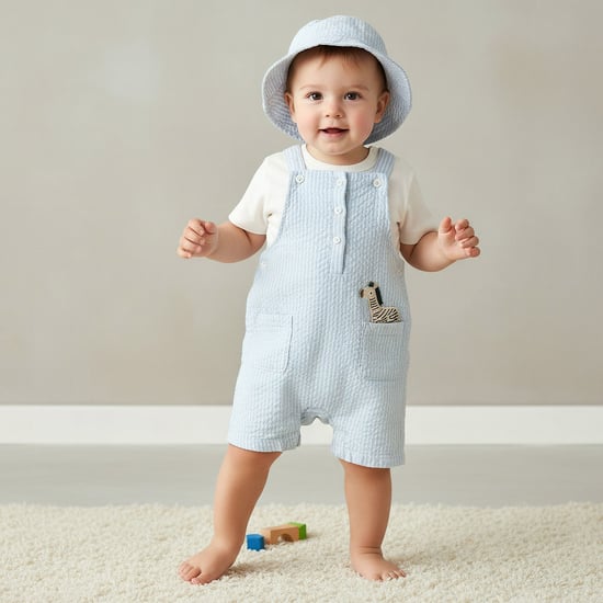 Juniors Solid T-shirt and Striped Dungaree Set with Cap