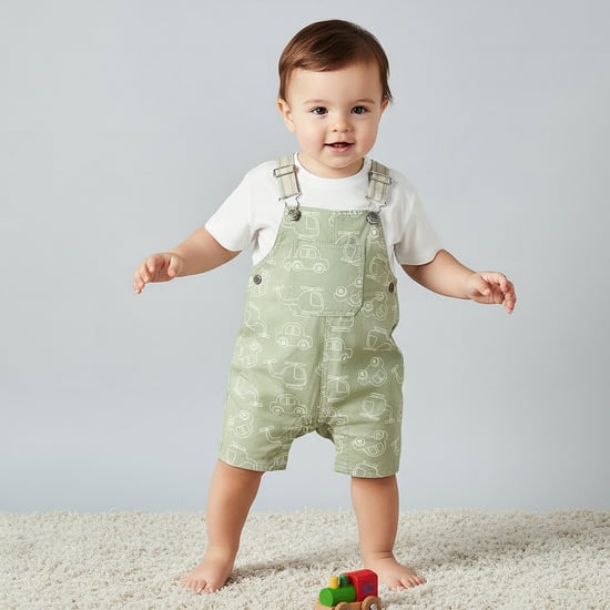 Juniors Solid T-shirt and Vehicle Print Dungaree Set