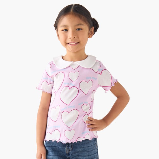 Juniors Bow Print Peter Pan Collar Top