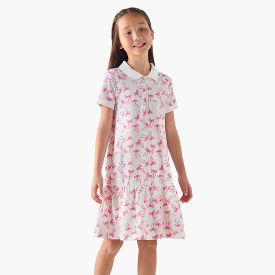 Juniors Bow Print Polo Dress with Zip Closure