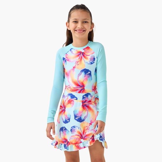 Juniors Floral Print Swimsuit with Skirt