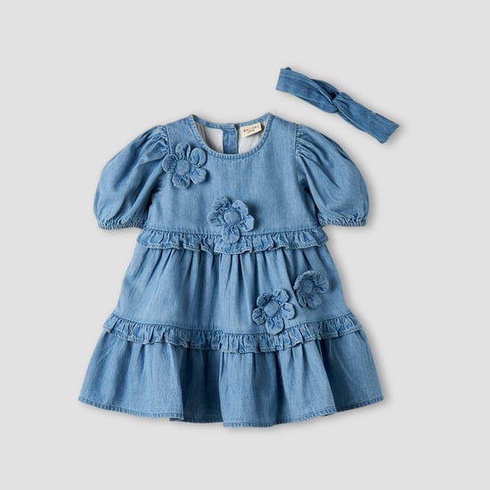 Juniors Floral Applique Denim Dress with Headband