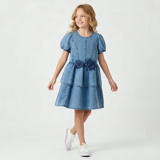 Juniors Floral Applique Denim Dress