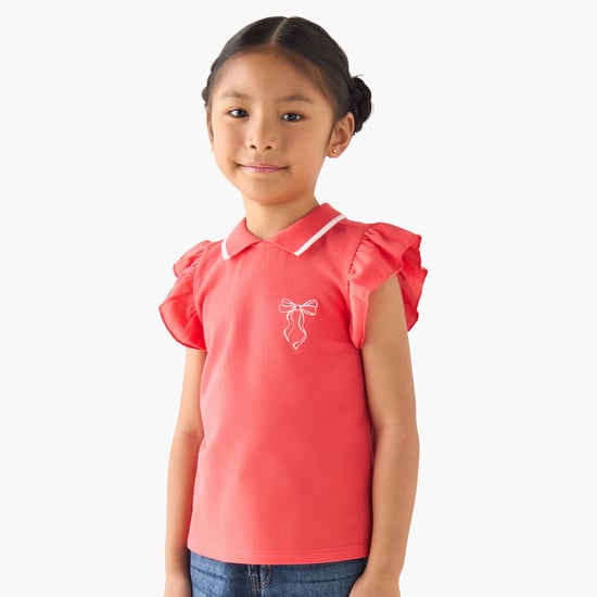 Juniors Ruffle Sleeves Collared Top