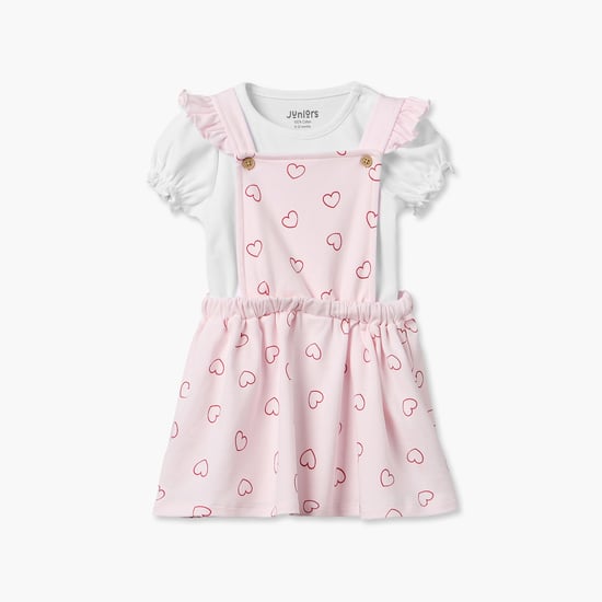Juniors Heart Print Pinafore Dress with T-shirt