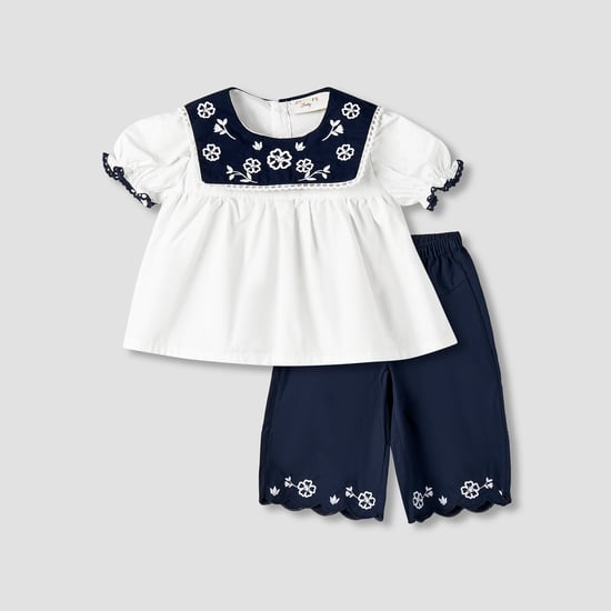 Juniors Floral Embroidered Top and Wide Leg Pants