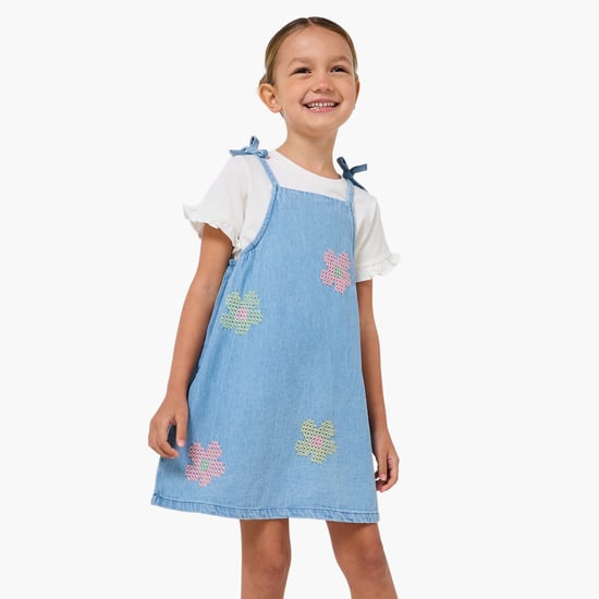 Juniors Embroidered Pinafore Dress with T-shirt