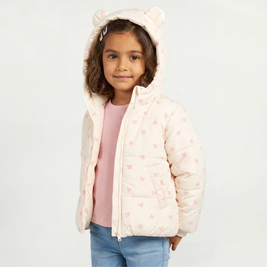 Juniors Bow Print Hooded Puffer Jacket